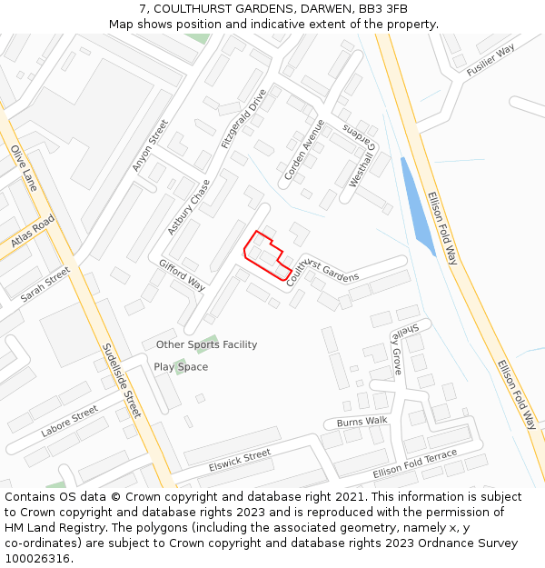 7, COULTHURST GARDENS, DARWEN, BB3 3FB: Location map and indicative extent of plot