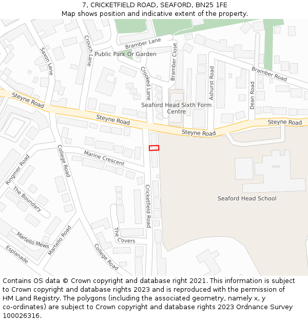 7, CRICKETFIELD ROAD, SEAFORD, BN25 1FE: Location map and indicative extent of plot