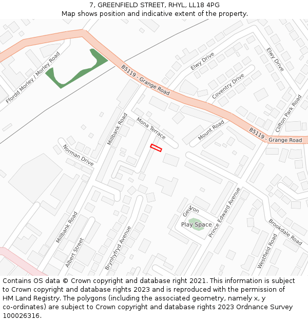 7, GREENFIELD STREET, RHYL, LL18 4PG: Location map and indicative extent of plot