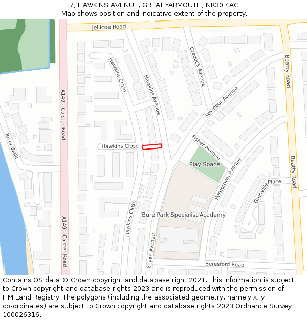 7, HAWKINS AVENUE, GREAT YARMOUTH, NR30 4AG: Location map and indicative extent of plot