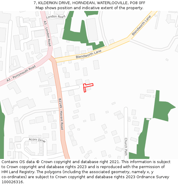 7, KILDERKIN DRIVE, HORNDEAN, WATERLOOVILLE, PO8 0FF: Location map and indicative extent of plot