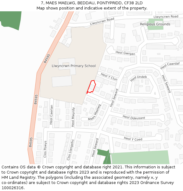 7, MAES MAELWG, BEDDAU, PONTYPRIDD, CF38 2LD: Location map and indicative extent of plot