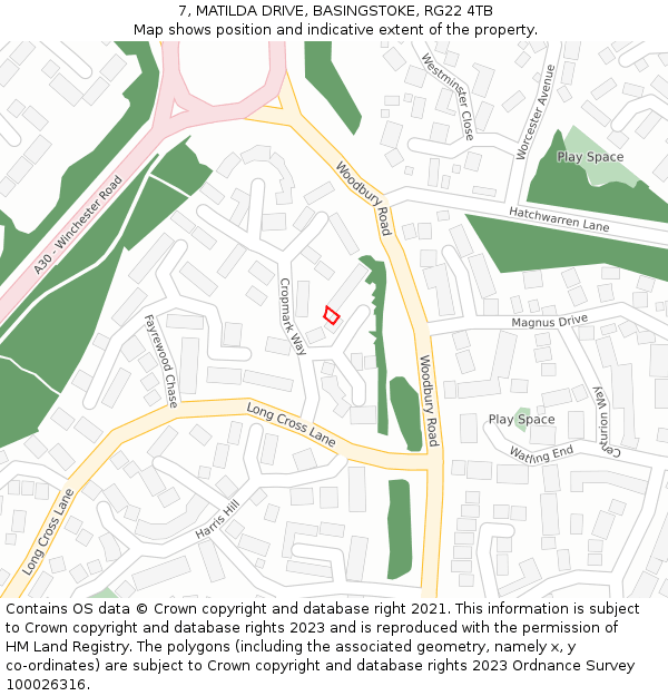 7, MATILDA DRIVE, BASINGSTOKE, RG22 4TB: Location map and indicative extent of plot