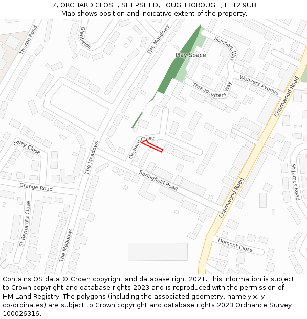 7, ORCHARD CLOSE, SHEPSHED, LOUGHBOROUGH, LE12 9UB: Location map and indicative extent of plot