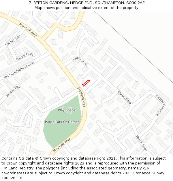 7, REPTON GARDENS, HEDGE END, SOUTHAMPTON, SO30 2AE: Location map and indicative extent of plot