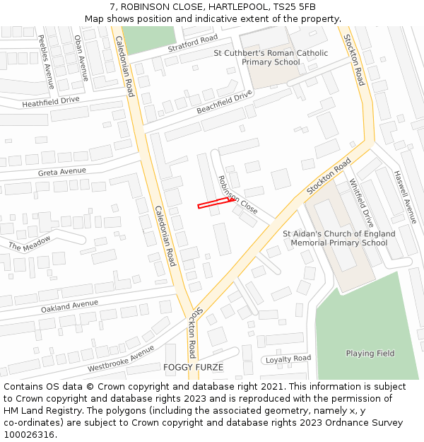 7, ROBINSON CLOSE, HARTLEPOOL, TS25 5FB: Location map and indicative extent of plot