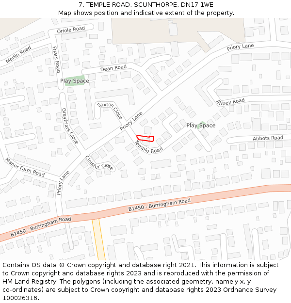 7, TEMPLE ROAD, SCUNTHORPE, DN17 1WE: Location map and indicative extent of plot