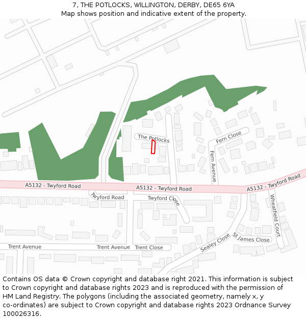 7, THE POTLOCKS, WILLINGTON, DERBY, DE65 6YA: Location map and indicative extent of plot