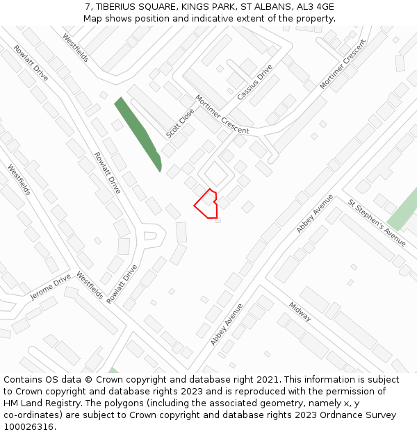 7, TIBERIUS SQUARE, KINGS PARK, ST ALBANS, AL3 4GE: Location map and indicative extent of plot