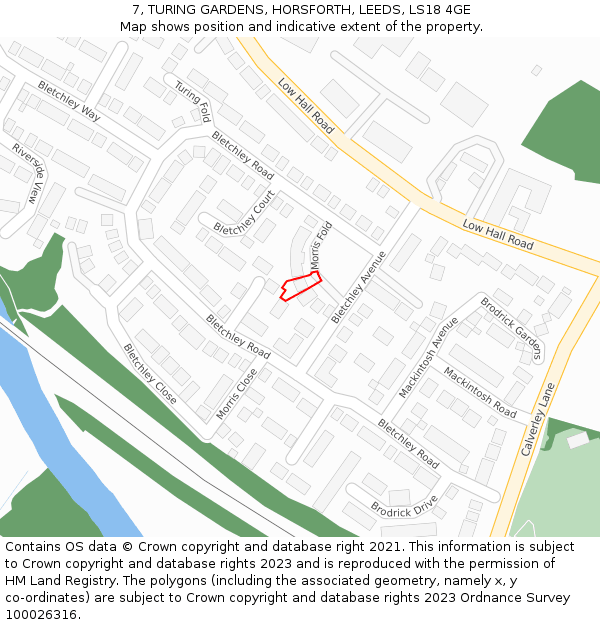 7, TURING GARDENS, HORSFORTH, LEEDS, LS18 4GE: Location map and indicative extent of plot