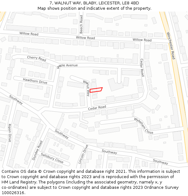 7, WALNUT WAY, BLABY, LEICESTER, LE8 4BD: Location map and indicative extent of plot