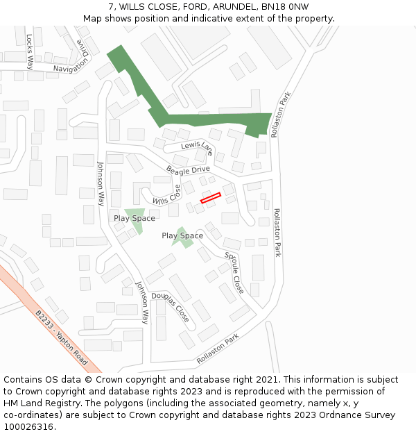 7, WILLS CLOSE, FORD, ARUNDEL, BN18 0NW: Location map and indicative extent of plot