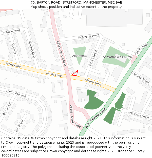 70, BARTON ROAD, STRETFORD, MANCHESTER, M32 9AE: Location map and indicative extent of plot