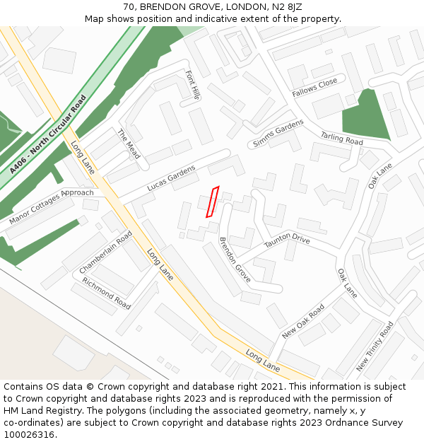 70, BRENDON GROVE, LONDON, N2 8JZ: Location map and indicative extent of plot