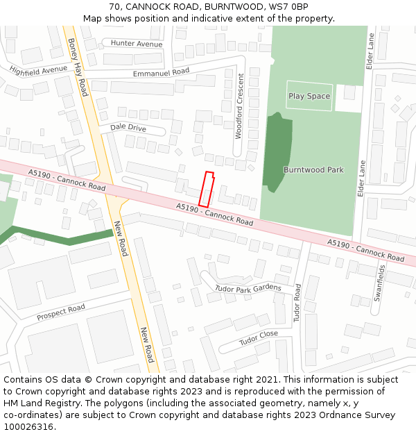 70, CANNOCK ROAD, BURNTWOOD, WS7 0BP: Location map and indicative extent of plot