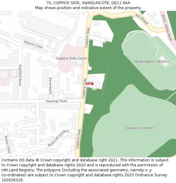 70, COPPICE SIDE, SWADLINCOTE, DE11 9AA: Location map and indicative extent of plot
