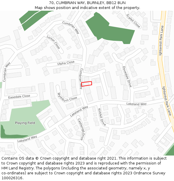 70, CUMBRIAN WAY, BURNLEY, BB12 8UN: Location map and indicative extent of plot
