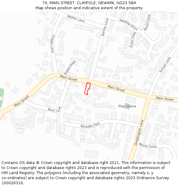 70, MAIN STREET, CLAYPOLE, NEWARK, NG23 5BA: Location map and indicative extent of plot