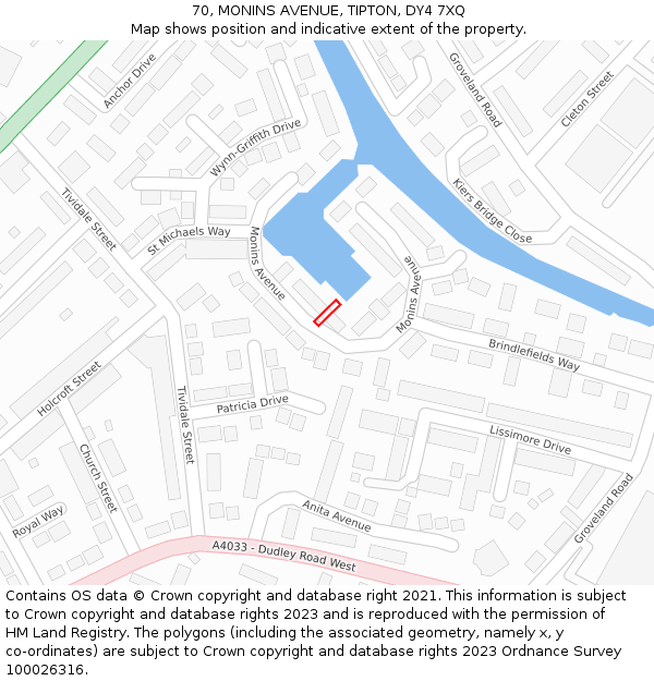 70, MONINS AVENUE, TIPTON, DY4 7XQ: Location map and indicative extent of plot