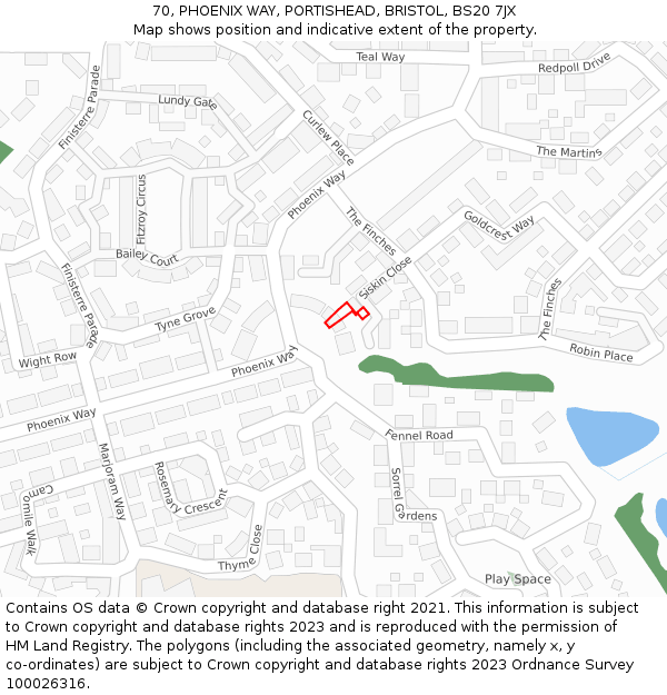 70, PHOENIX WAY, PORTISHEAD, BRISTOL, BS20 7JX: Location map and indicative extent of plot