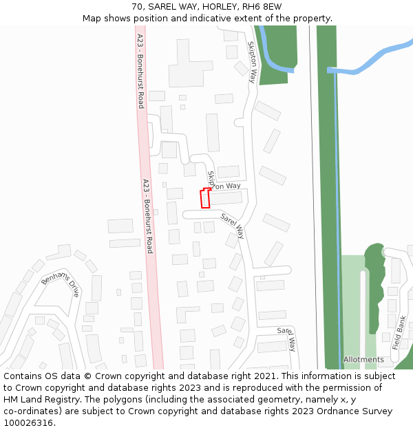 70, SAREL WAY, HORLEY, RH6 8EW: Location map and indicative extent of plot