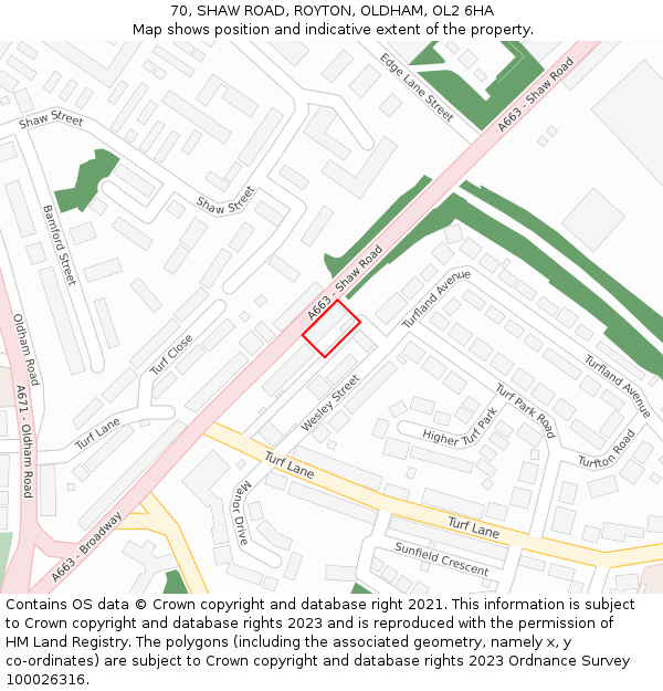 70, SHAW ROAD, ROYTON, OLDHAM, OL2 6HA: Location map and indicative extent of plot