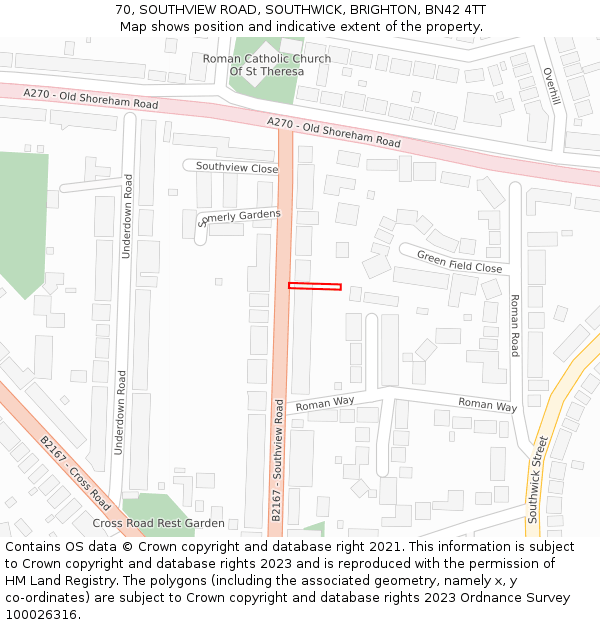 70, SOUTHVIEW ROAD, SOUTHWICK, BRIGHTON, BN42 4TT: Location map and indicative extent of plot