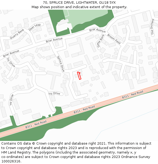 70, SPRUCE DRIVE, LIGHTWATER, GU18 5YX: Location map and indicative extent of plot