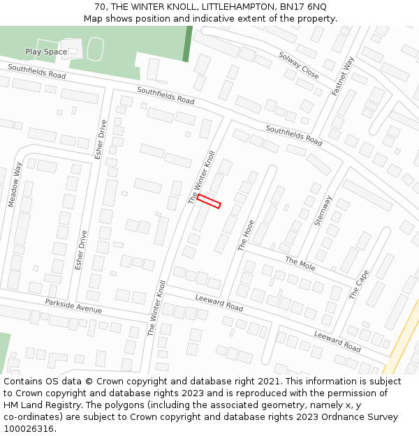 70, THE WINTER KNOLL, LITTLEHAMPTON, BN17 6NQ: Location map and indicative extent of plot