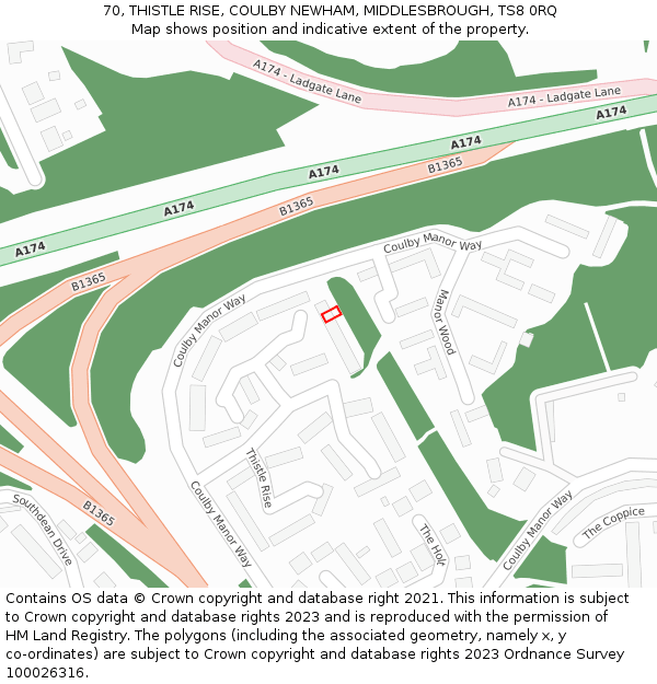 70, THISTLE RISE, COULBY NEWHAM, MIDDLESBROUGH, TS8 0RQ: Location map and indicative extent of plot