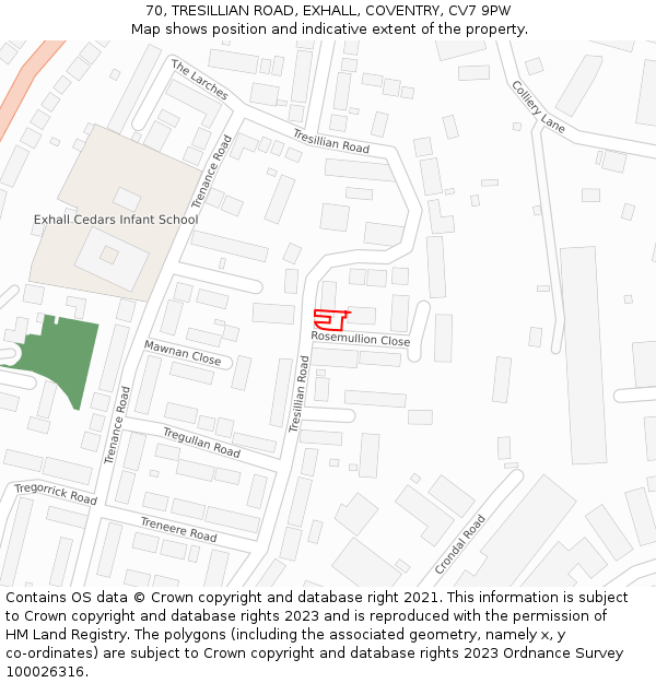 70, TRESILLIAN ROAD, EXHALL, COVENTRY, CV7 9PW: Location map and indicative extent of plot
