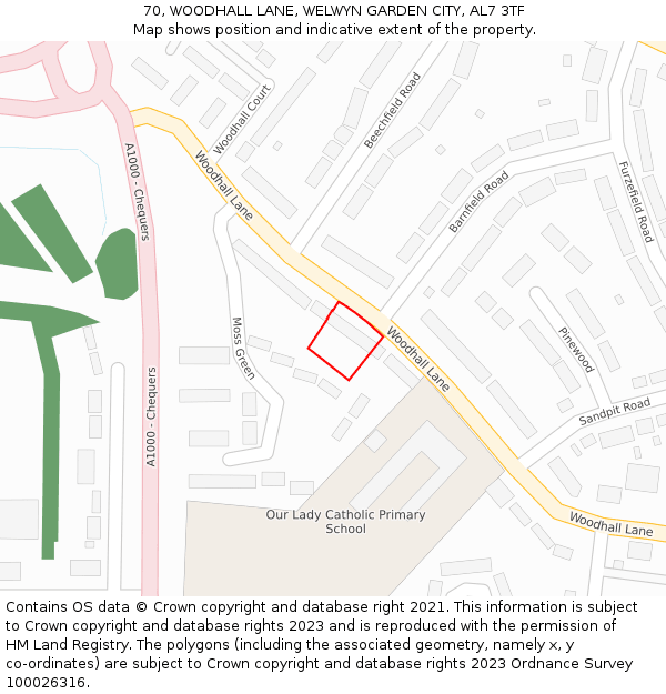 70, WOODHALL LANE, WELWYN GARDEN CITY, AL7 3TF: Location map and indicative extent of plot