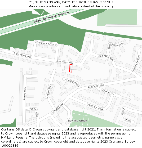 71, BLUE MANS WAY, CATCLIFFE, ROTHERHAM, S60 5UR: Location map and indicative extent of plot