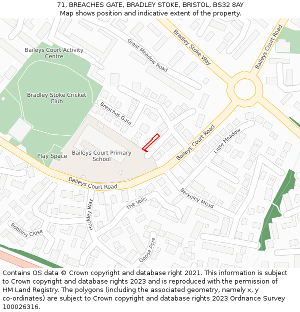 71, BREACHES GATE, BRADLEY STOKE, BRISTOL, BS32 8AY: Location map and indicative extent of plot