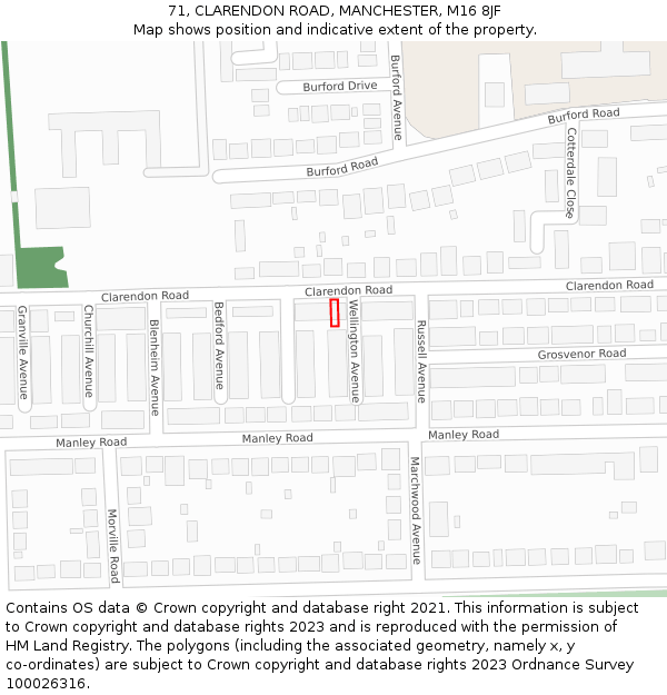 71, CLARENDON ROAD, MANCHESTER, M16 8JF: Location map and indicative extent of plot