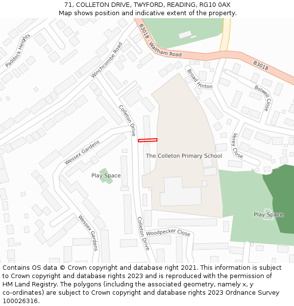 71, COLLETON DRIVE, TWYFORD, READING, RG10 0AX: Location map and indicative extent of plot