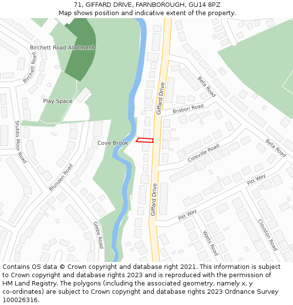 71, GIFFARD DRIVE, FARNBOROUGH, GU14 8PZ: Location map and indicative extent of plot