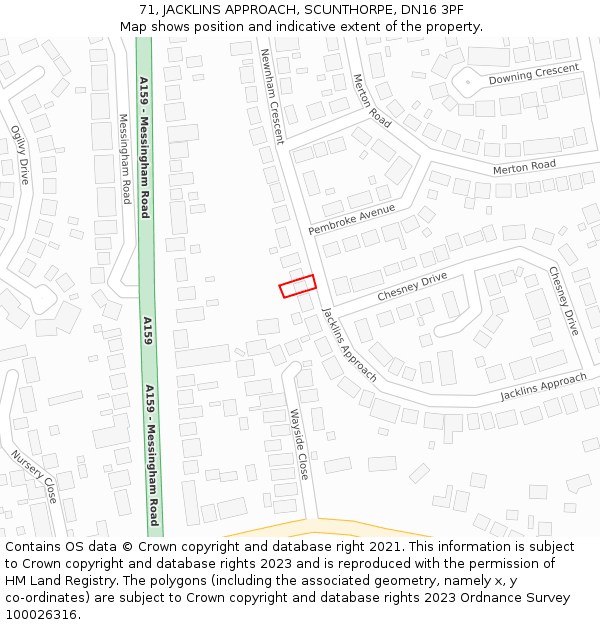 71, JACKLINS APPROACH, SCUNTHORPE, DN16 3PF: Location map and indicative extent of plot