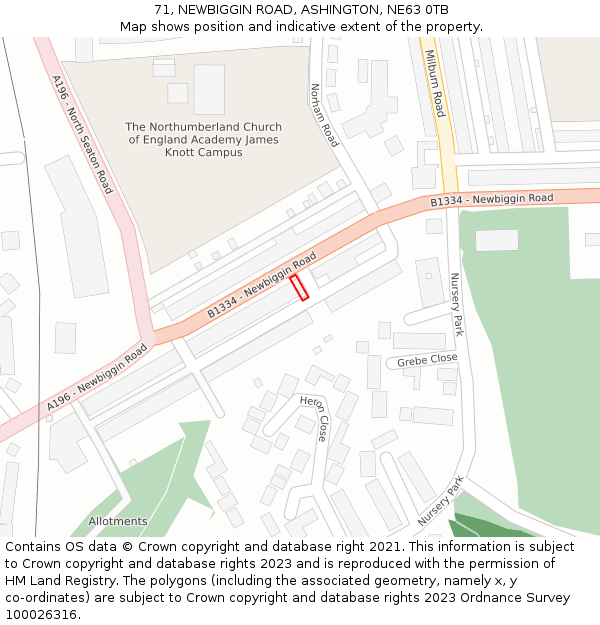 71, NEWBIGGIN ROAD, ASHINGTON, NE63 0TB: Location map and indicative extent of plot