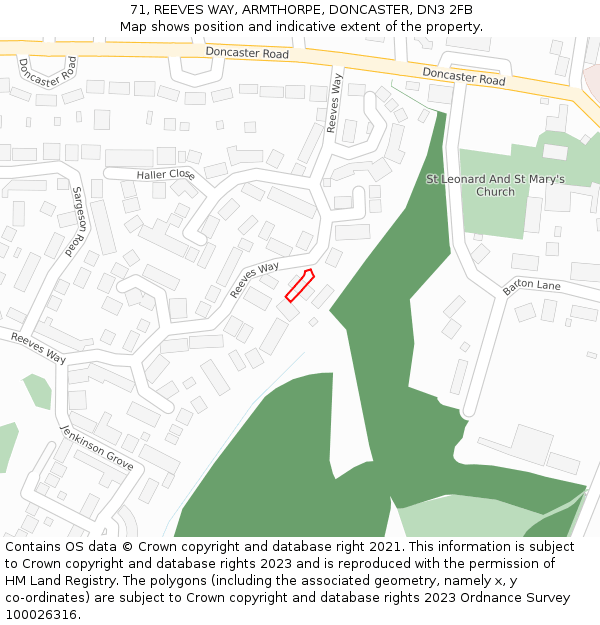 71, REEVES WAY, ARMTHORPE, DONCASTER, DN3 2FB: Location map and indicative extent of plot