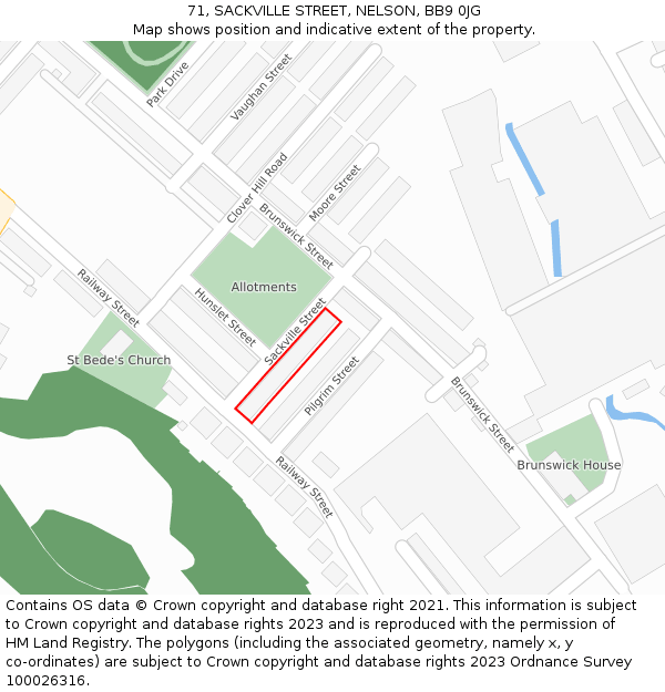 71, SACKVILLE STREET, NELSON, BB9 0JG: Location map and indicative extent of plot