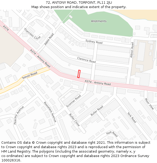 72, ANTONY ROAD, TORPOINT, PL11 2JU: Location map and indicative extent of plot