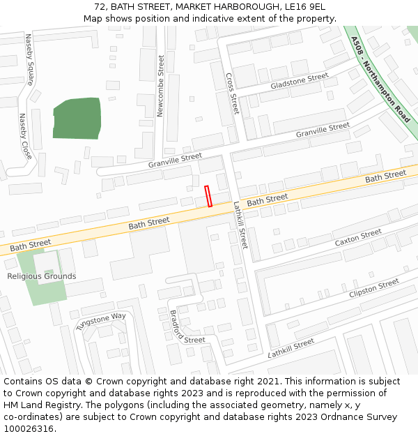 72, BATH STREET, MARKET HARBOROUGH, LE16 9EL: Location map and indicative extent of plot
