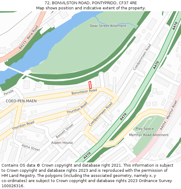 72, BONVILSTON ROAD, PONTYPRIDD, CF37 4RE: Location map and indicative extent of plot