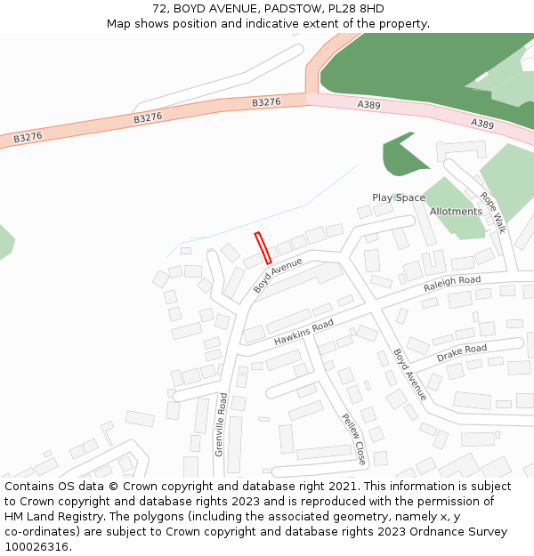 72, BOYD AVENUE, PADSTOW, PL28 8HD: Location map and indicative extent of plot