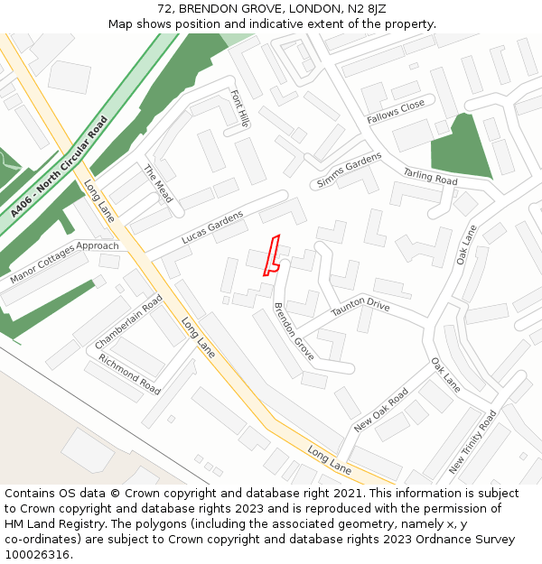 72, BRENDON GROVE, LONDON, N2 8JZ: Location map and indicative extent of plot