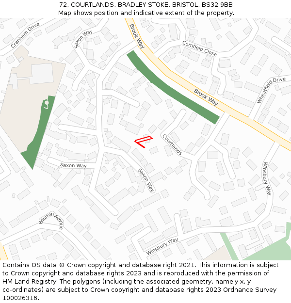 72, COURTLANDS, BRADLEY STOKE, BRISTOL, BS32 9BB: Location map and indicative extent of plot