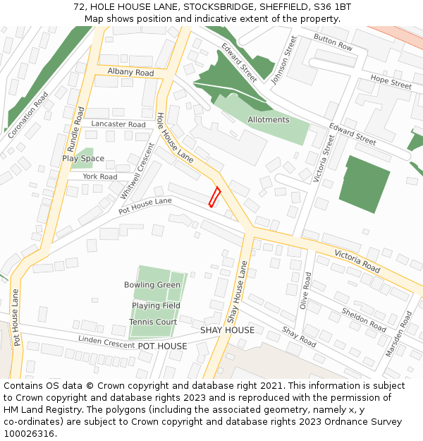 72, HOLE HOUSE LANE, STOCKSBRIDGE, SHEFFIELD, S36 1BT: Location map and indicative extent of plot