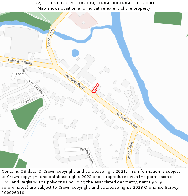 72, LEICESTER ROAD, QUORN, LOUGHBOROUGH, LE12 8BB: Location map and indicative extent of plot