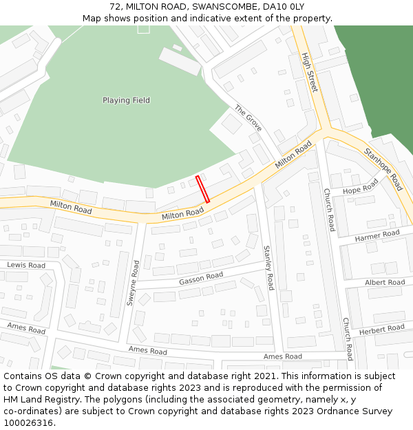 72, MILTON ROAD, SWANSCOMBE, DA10 0LY: Location map and indicative extent of plot